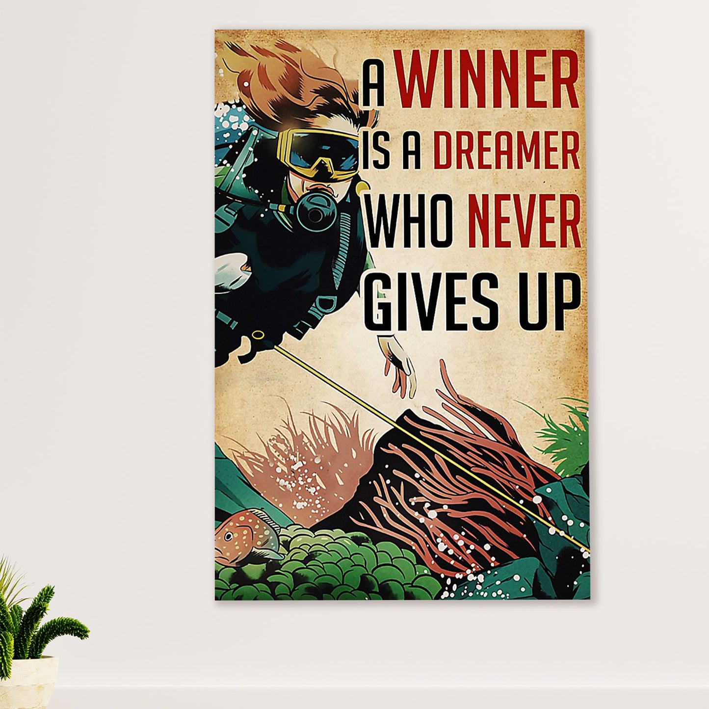 Scuba Diving Canvas Wall Art Prints | Winner Never Gives Up | Home Décor Gift for Scuba Diver