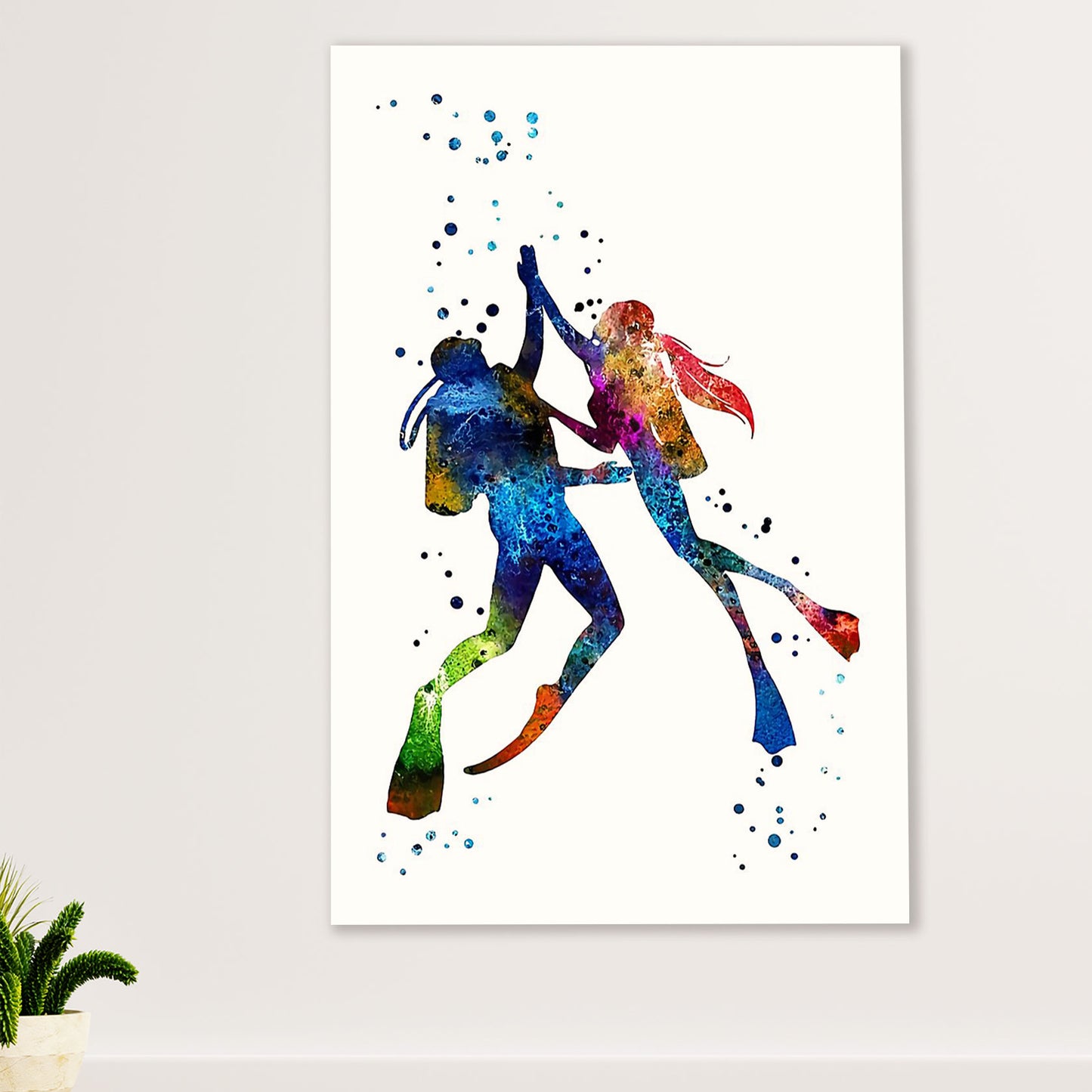 Scuba Diving Poster Prints | Watercolor Couple Painting | Wall Art Gift for Scuba Diver