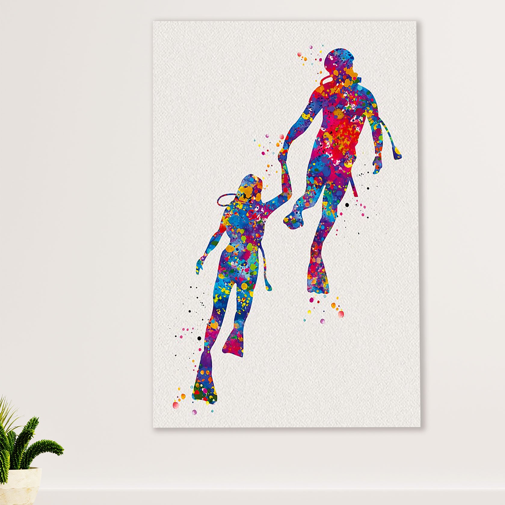 Scuba Diving Poster Prints | Watercolor Couple Painting | Wall Art Gift for Scuba Diver