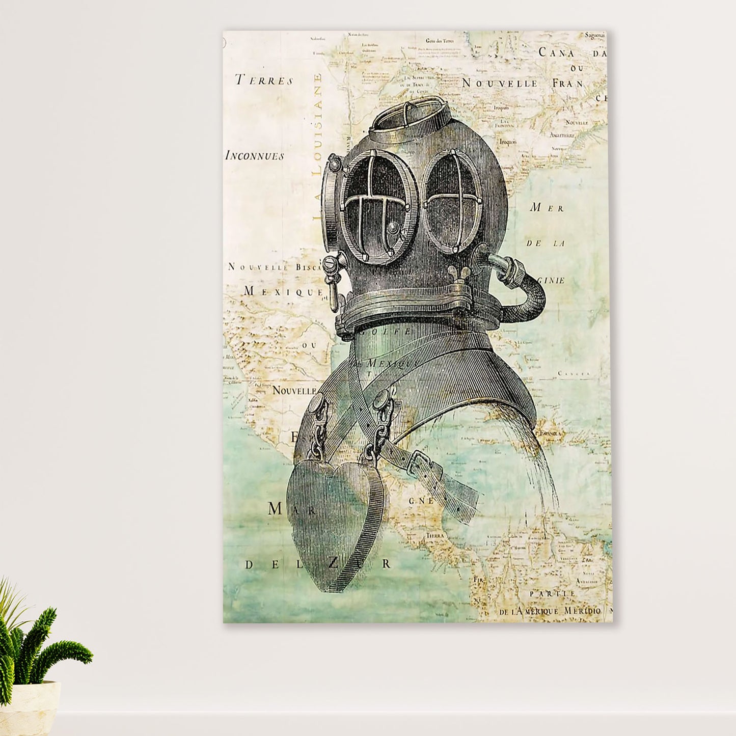 Scuba Diving Canvas Wall Art Prints | Love Diving Ocean Map | Home Décor Gift for Scuba Diver