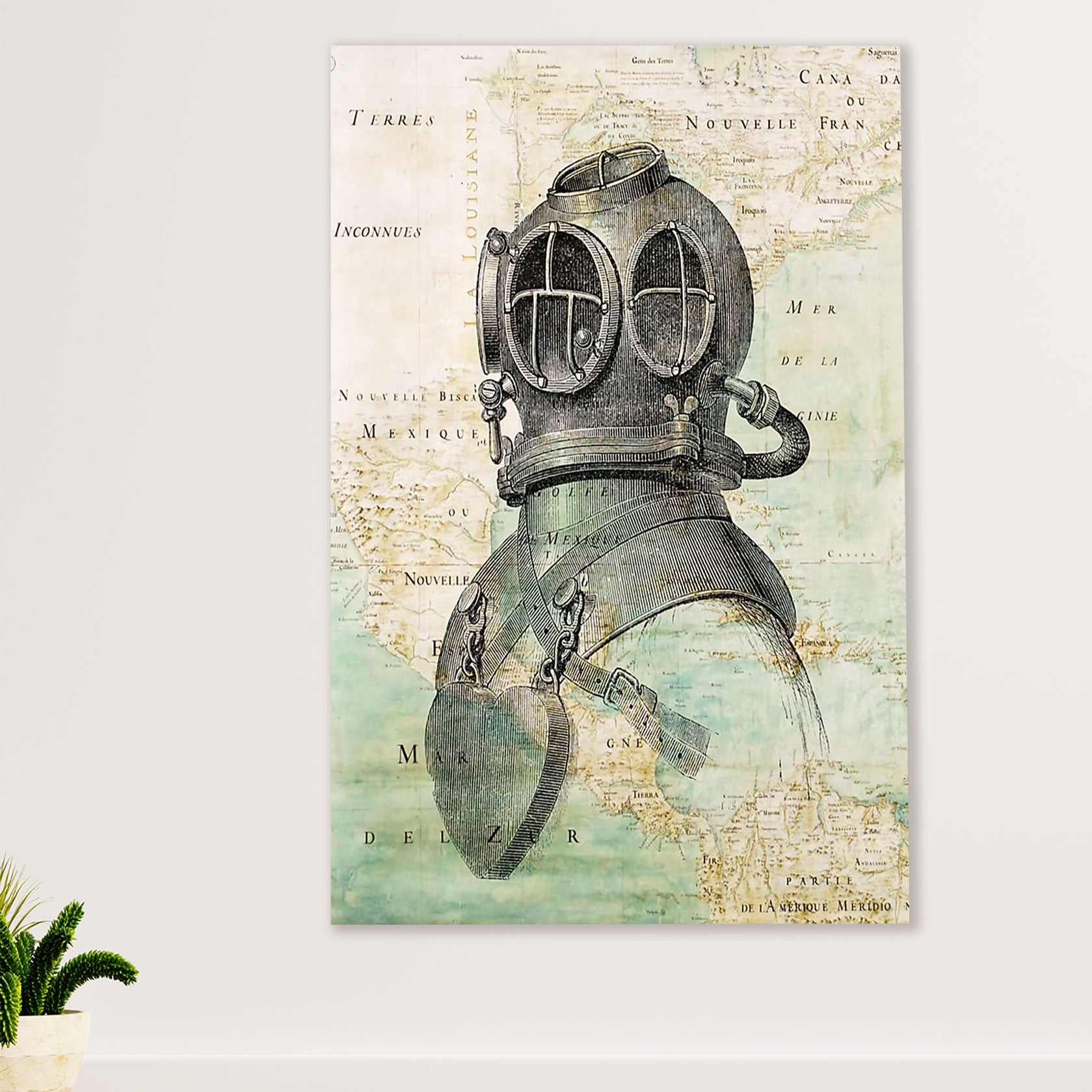 Scuba Diving Canvas Wall Art Prints | Love Diving Ocean Map | Home Décor Gift for Scuba Diver