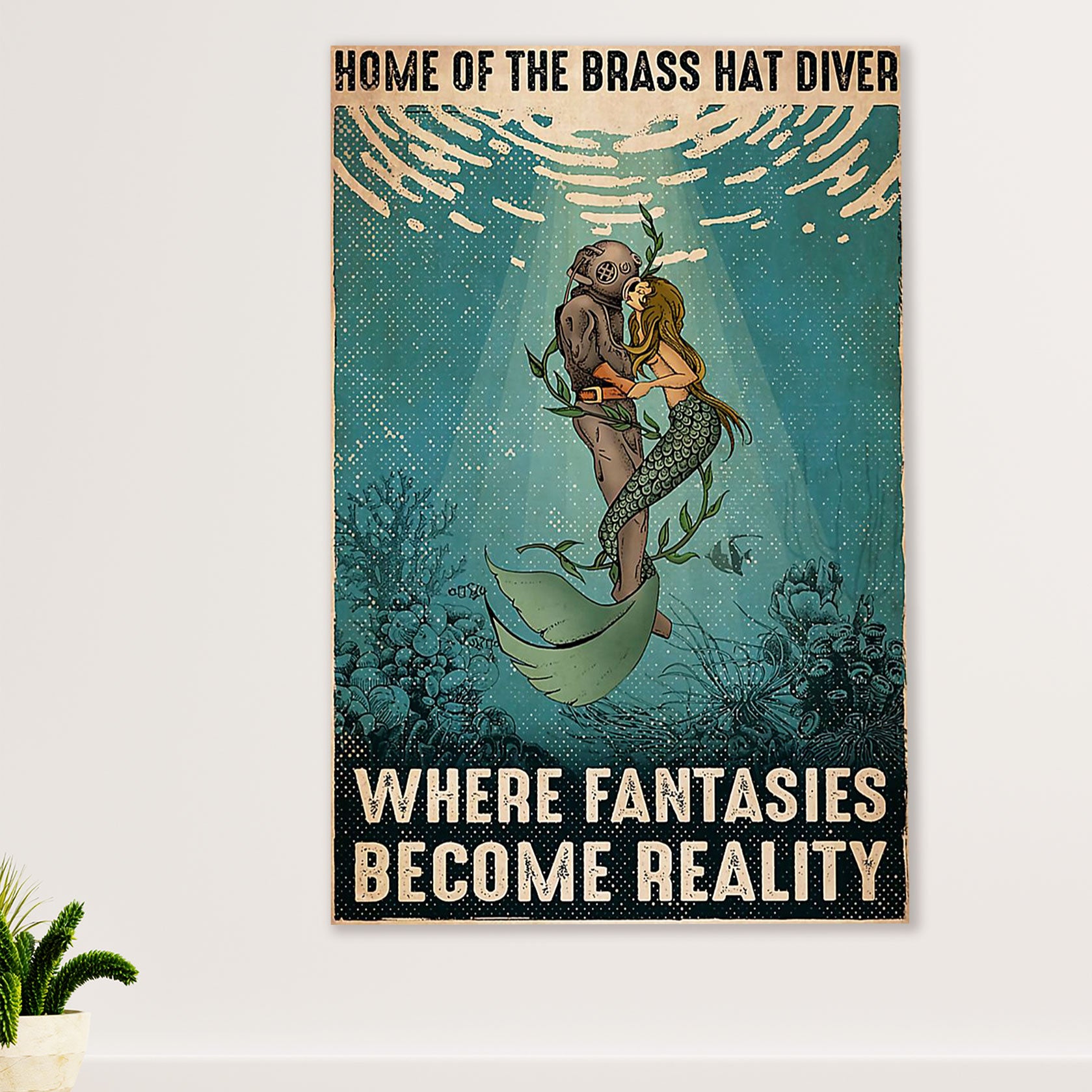 Scuba Diving Poster Prints | Diver & Mermaid | Wall Art Gift for Scuba Diver