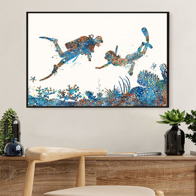 Scuba Diving Canvas Wall Art Prints | Couple Watercolor Painting | Home Décor Gift for Scuba Diver