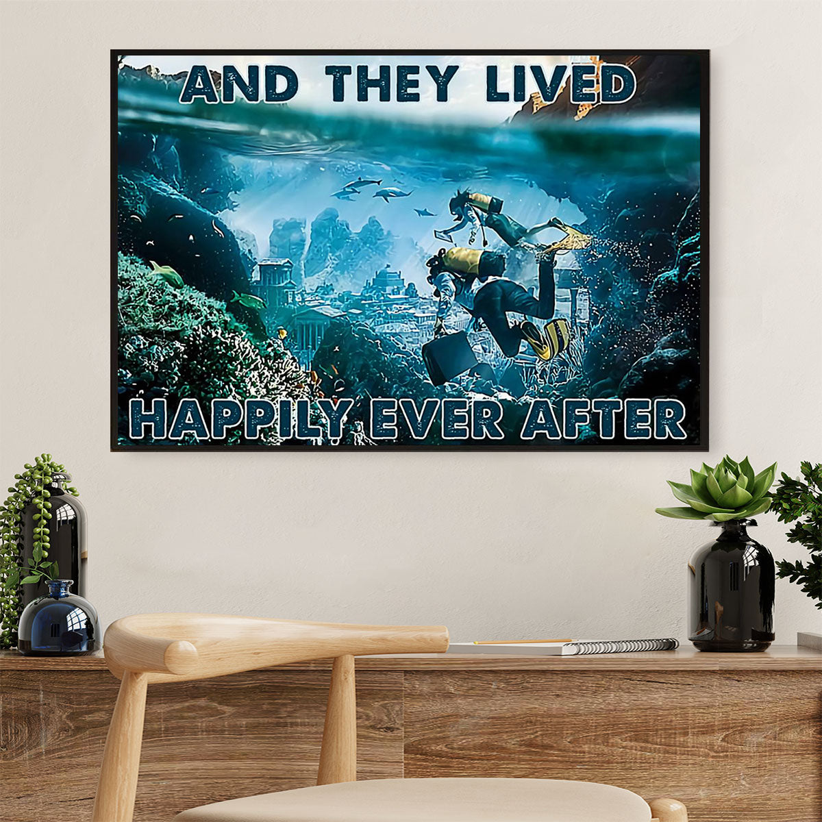 Scuba Diving Poster Prints | Couple They Lived Happily | Wall Art Gift for Scuba Diver