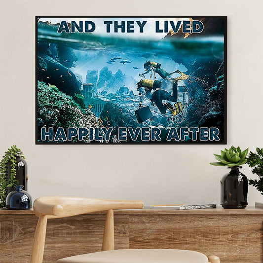 Scuba Diving Canvas Wall Art Prints | Couple They Lived Happily | Home Décor Gift for Scuba Diver