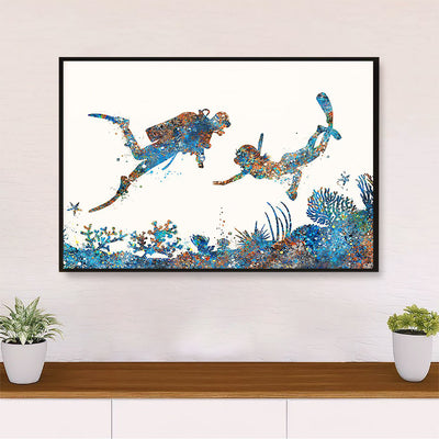 Scuba Diving Canvas Wall Art Prints | Couple Watercolor Painting | Home Décor Gift for Scuba Diver