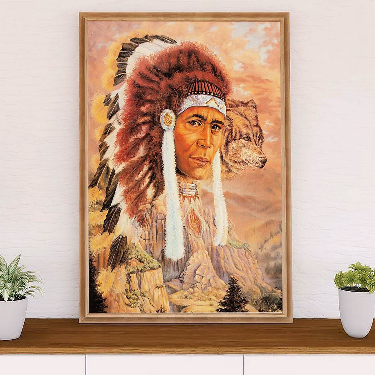 Native American Tribe Canvas Wall Art Prints | Native Man & Wolf Painting | Gift for American Indians
