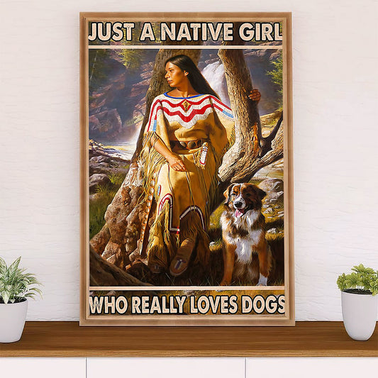 Native American Tribe Poster Prints | Native Girl Loves Dogs | Wall Art Gift for American Indians