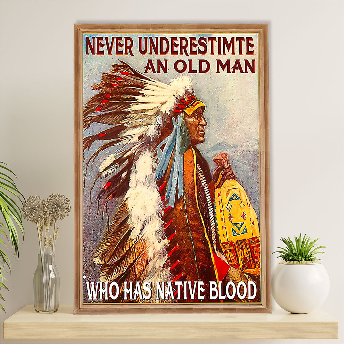 Native American Tribe Canvas Wall Art Prints | Old Man With Native Blood | Gift for American Indians