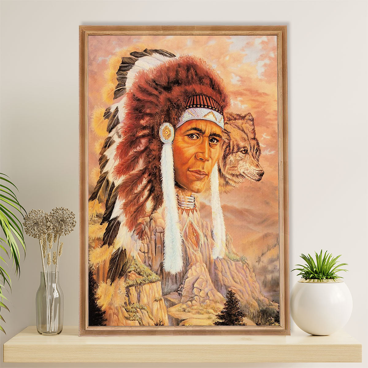 Native American Tribe Canvas Wall Art Prints | Native Man & Wolf Painting | Gift for American Indians