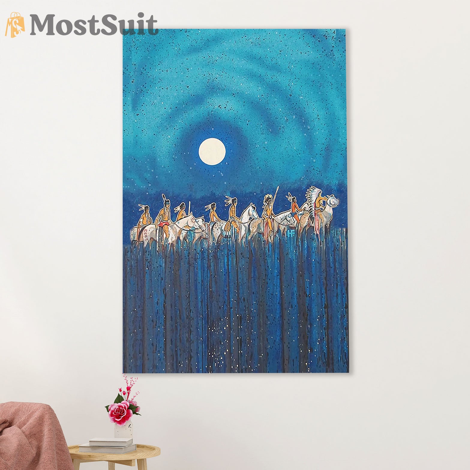 Native American Tribe Canvas Wall Art Prints | Riding Horse At Night | Gift for American Indians