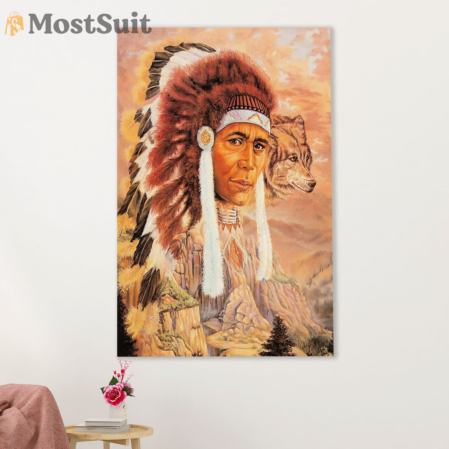 Native American Tribe Canvas Wall Art Prints | Native Man & Wolf Painting | Gift for American Indians