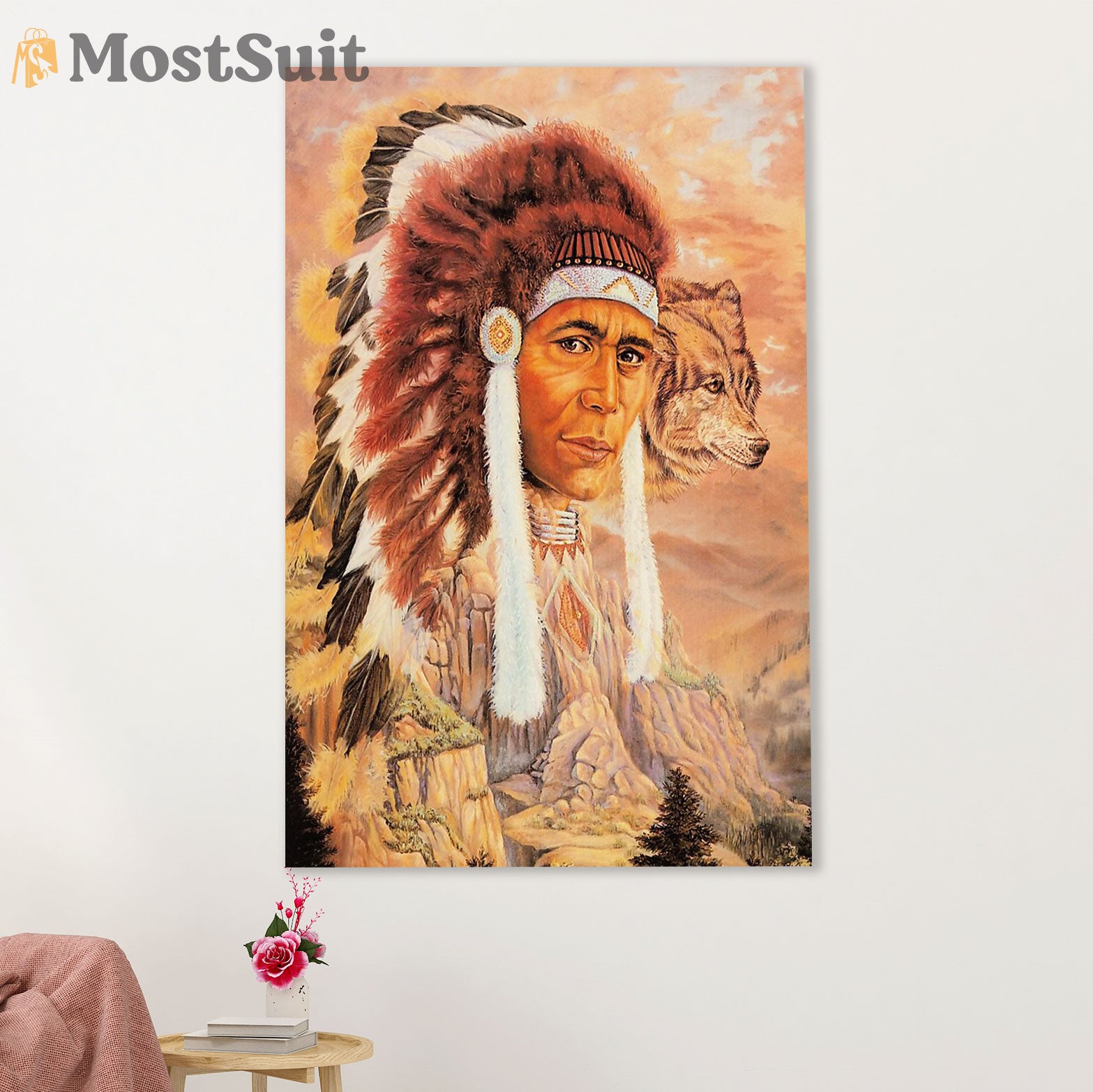 Native American Tribe Canvas Wall Art Prints | Native Man & Wolf Painting | Gift for American Indians