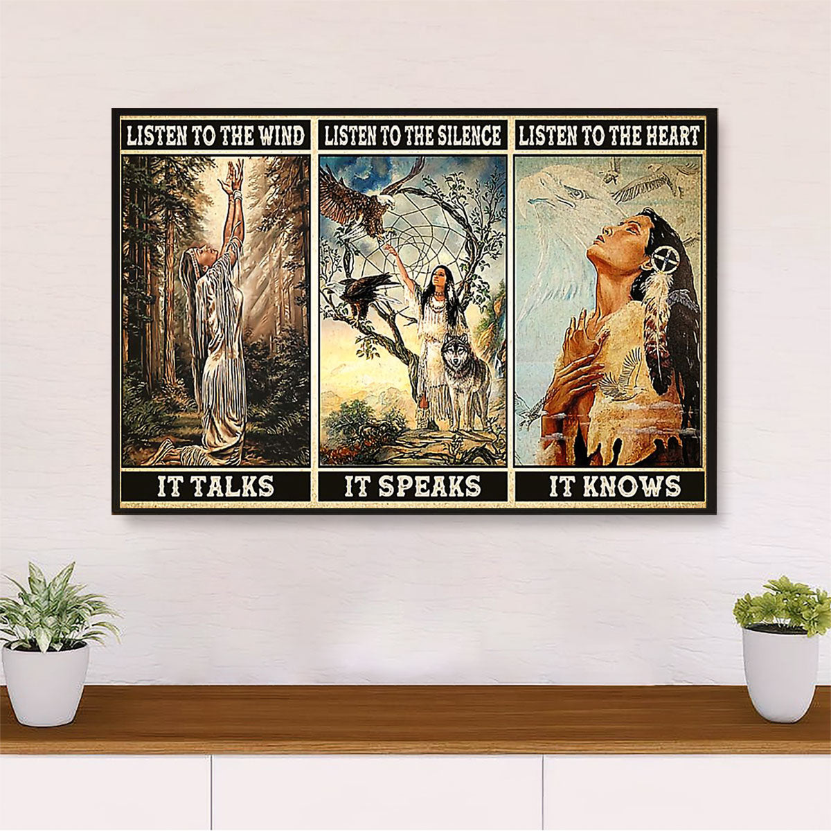 Native American Tribe Canvas Wall Art Prints | Native Girl & Wolf |Gift for American Indians