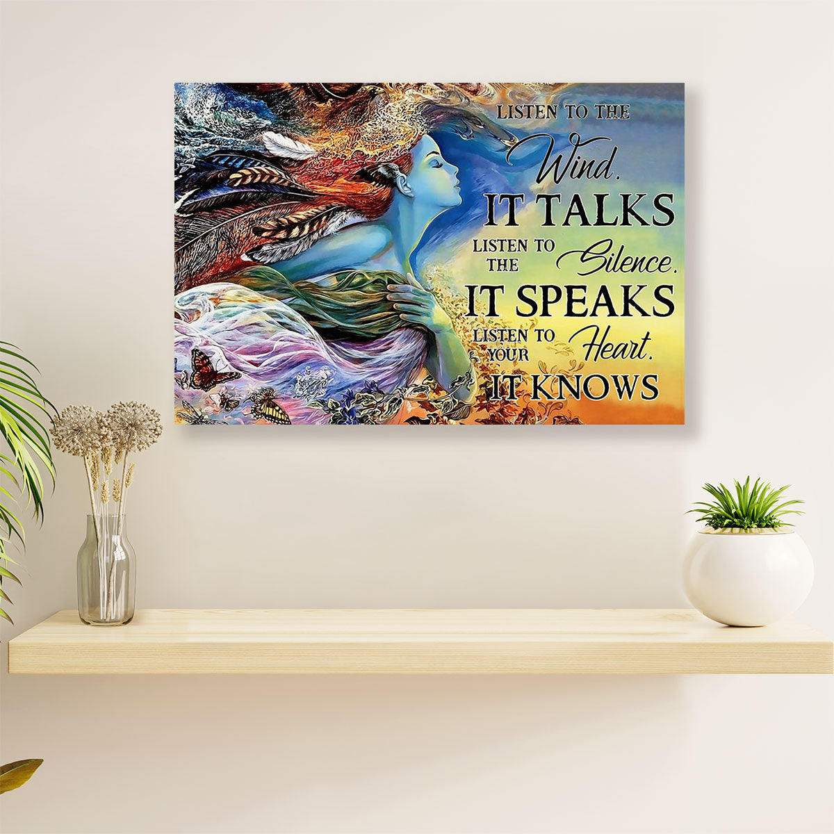 Native American Tribe Canvas Wall Art Prints | Native Girl Listens To The Wind |Gift for American Indians