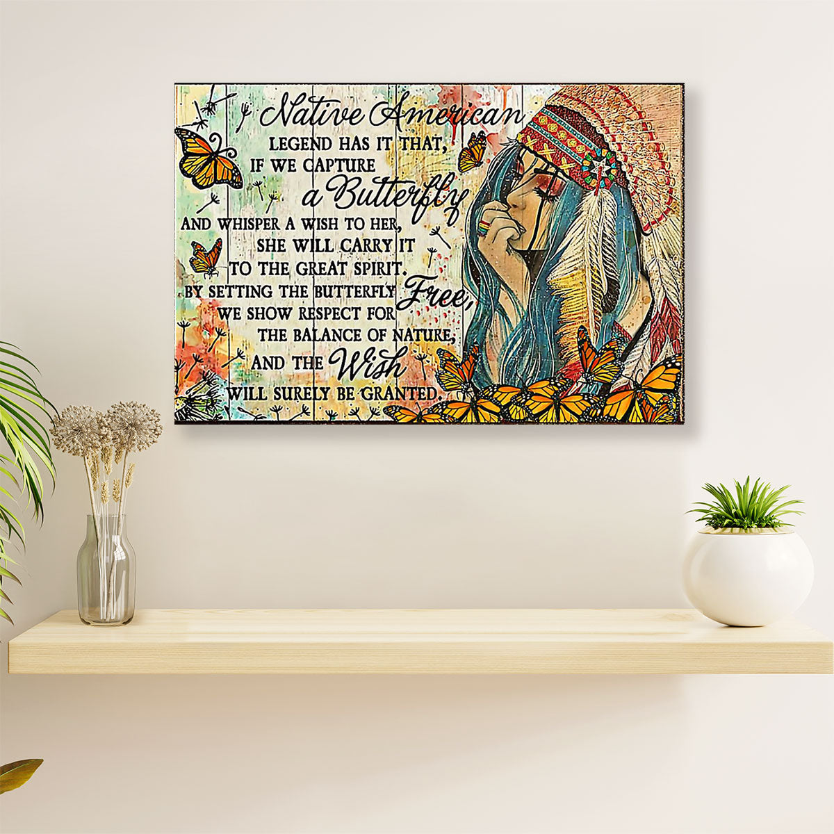 Native American Tribe Canvas Wall Art Prints | Native Girl & Butterfly |Gift for American Indians