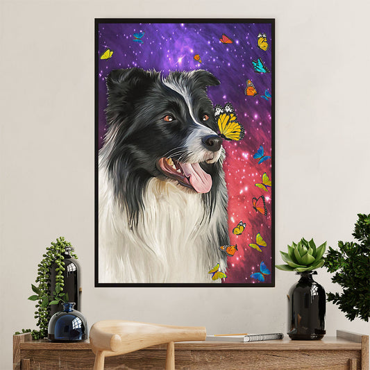 Cute Border Collie Dog Poster Prints | Dog & Butterflies Painting | Wall Art Gift for Puppies Merle Collie Lover
