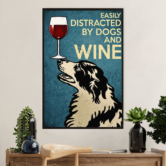 Cute Border Collie Dog Poster Prints | Distracted by Dogs & Wine | Wall Art Gift for Puppies Merle Collie Lover