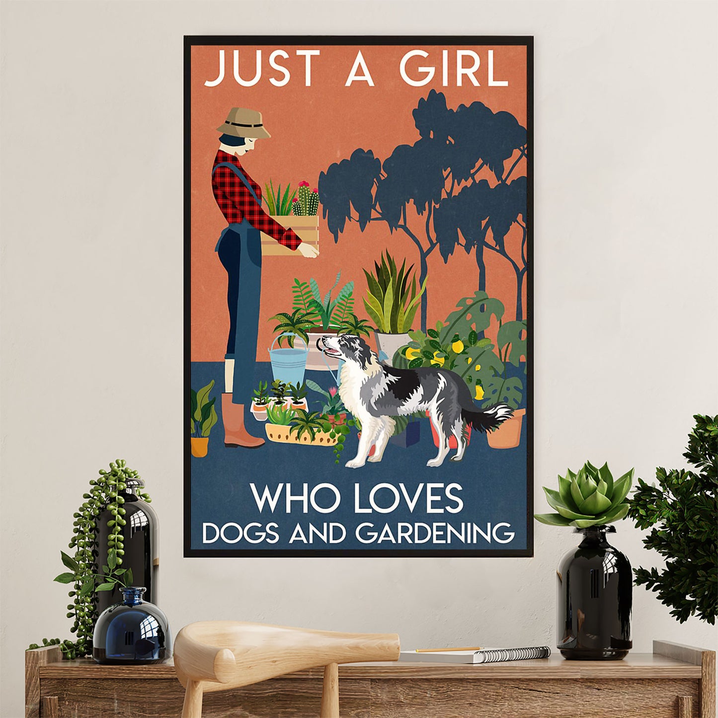 Cute Border Collie Dog Poster Prints | Girl Loves Gardening & Dogs | Wall Art Gift for Puppies Merle Collie Lover