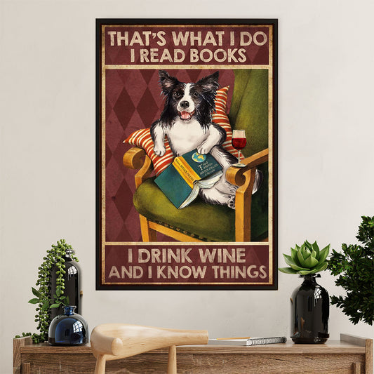 Cute Border Collie Dog Canvas Wall Art Prints | Read Books, Drink Wine & Know Things |  Gift for Merle Collie Lover