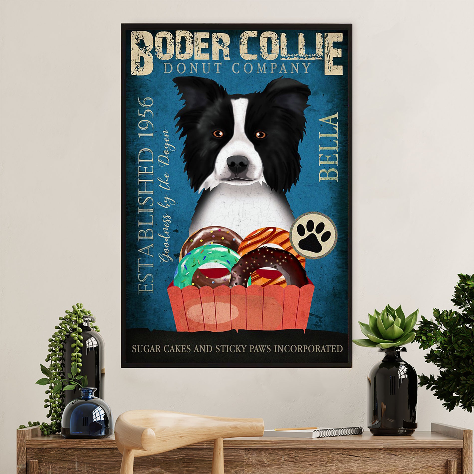 Cute Border Collie Dog Canvas Wall Art Prints | Vintage Donut Company |  Gift for Merle Collie Lover