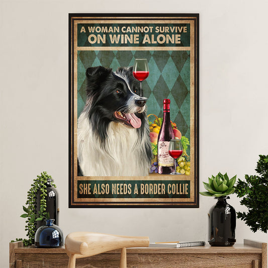 Cute Border Collie Dog Canvas Wall Art Prints | Woman Loves Wine & Collie |  Gift for Merle Collie Lover