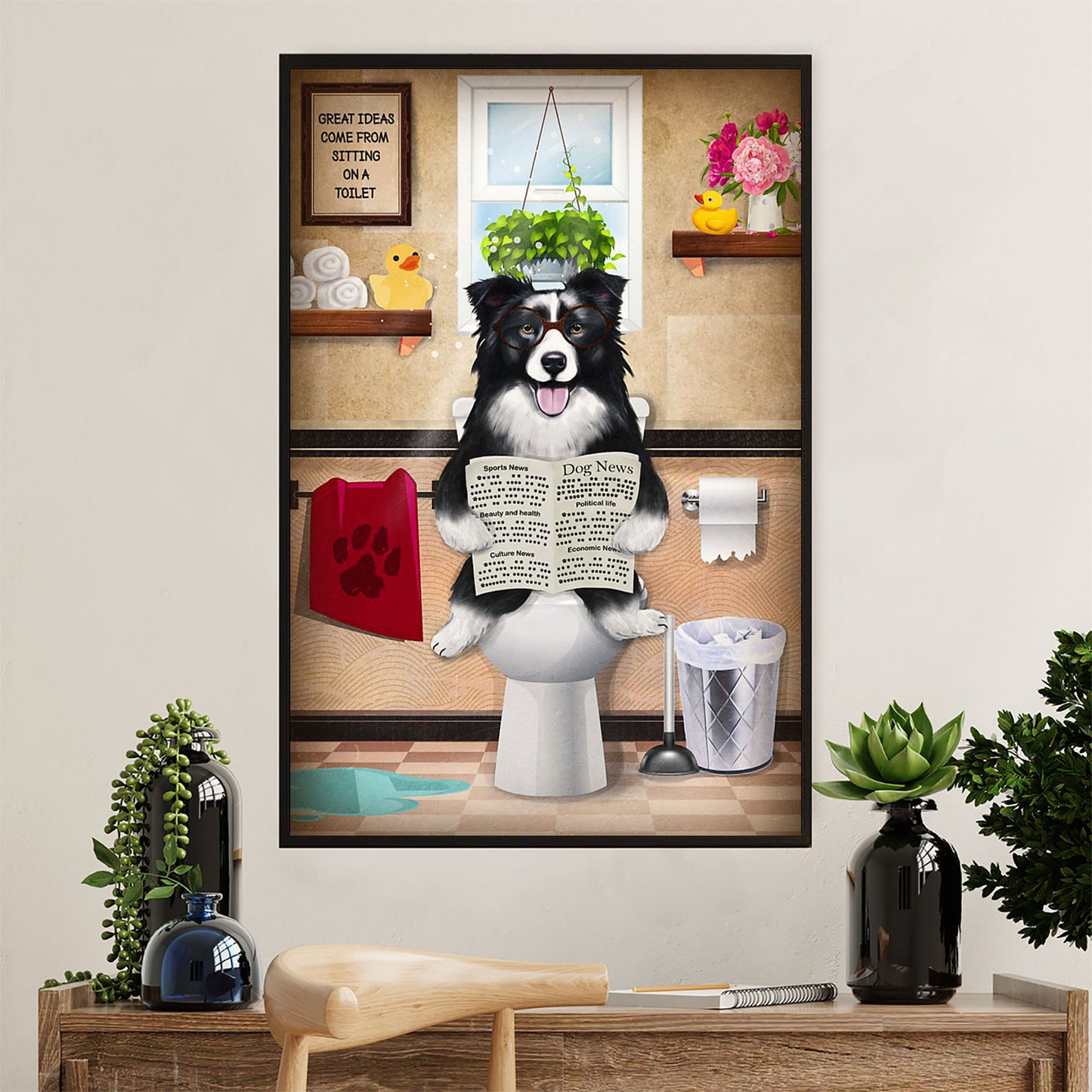 Cute Border Collie Dog Canvas Wall Art Prints | Funny Dog in Toilet |  Gift for Merle Collie Lover