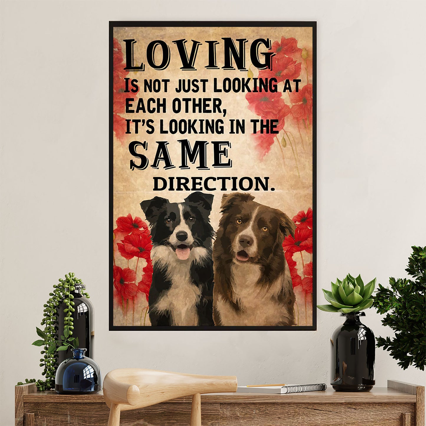 Cute Border Collie Dog Canvas Wall Art Prints | Looking In The Same Direction |  Gift for Merle Collie Lover