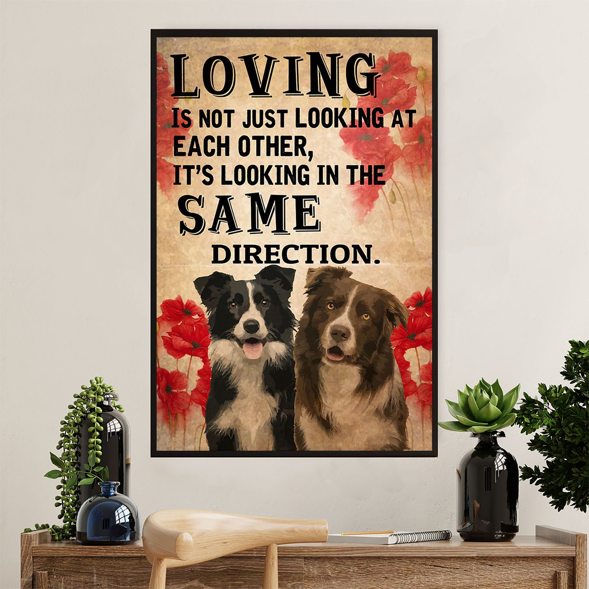 Cute Border Collie Dog Canvas Wall Art Prints | Looking In The Same Direction |  Gift for Merle Collie Lover