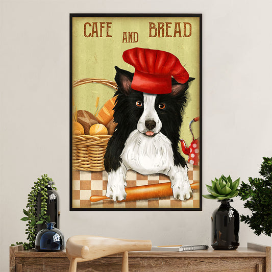Cute Border Collie Dog Poster Prints | Café & Bread | Wall Art Gift for Puppies Merle Collie Lover