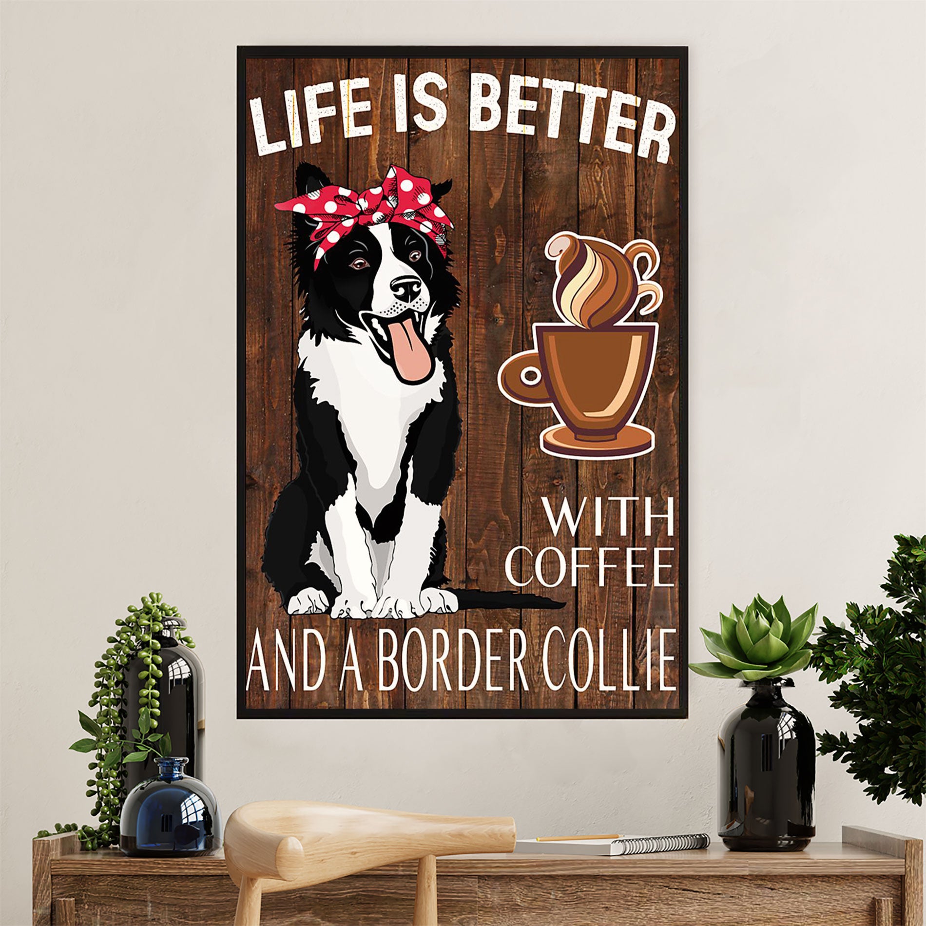 Cute Border Collie Dog Poster Prints | Loves Coffee & Border Collie | Wall Art Gift for Puppies Merle Collie Lover