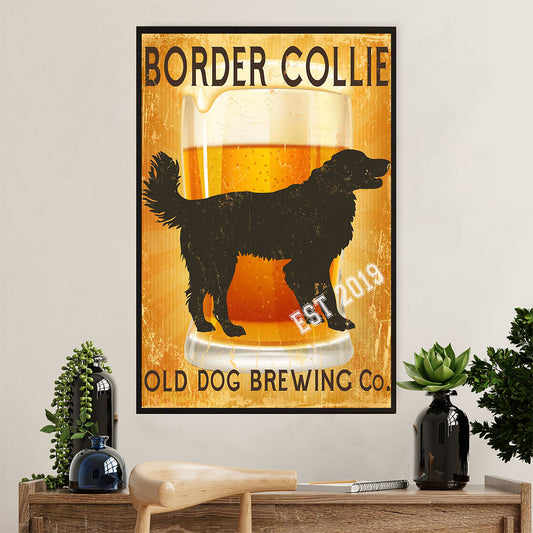 Cute Border Collie Dog Canvas Wall Art Prints | Old Dog Brewing Beer |  Gift for Merle Collie Lover