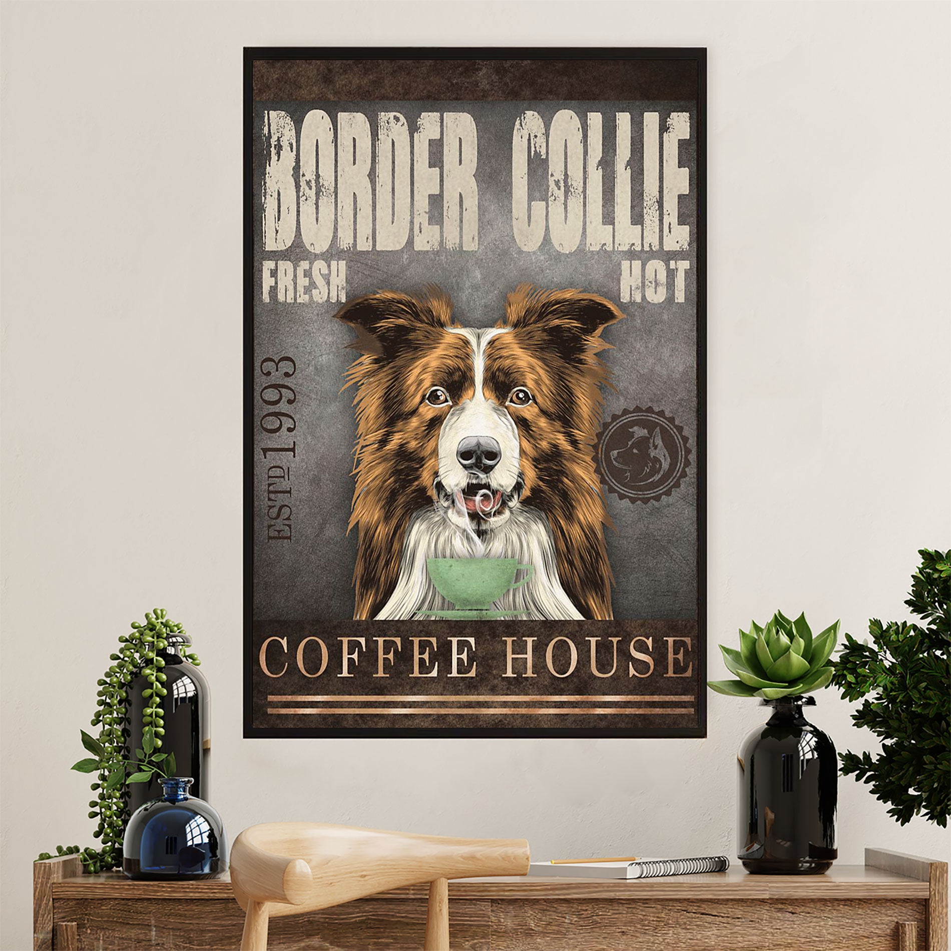Cute Border Collie Dog Poster Prints | Collie Coffee House | Wall Art Gift for Puppies Merle Collie Lover