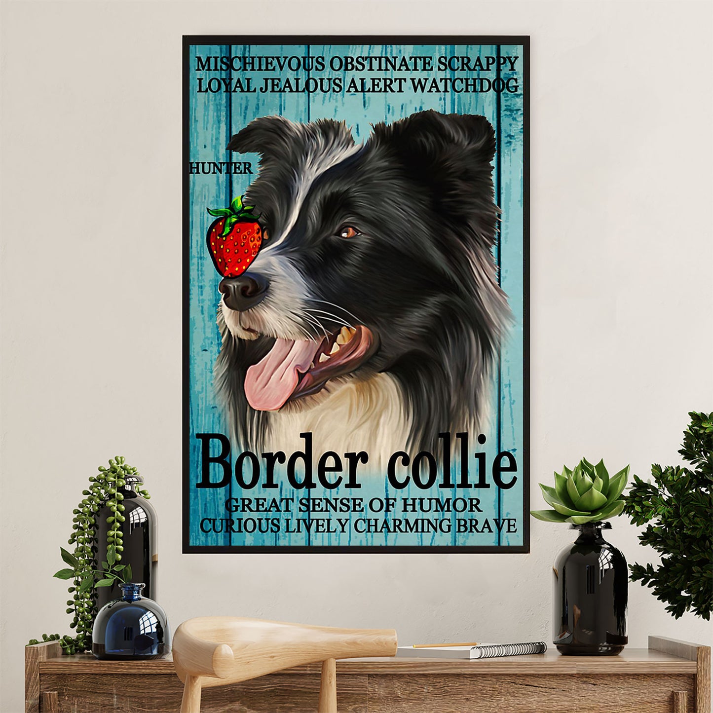 Cute Border Collie Dog Poster Prints | Mischievous Collie | Wall Art Gift for Puppies Merle Collie Lover