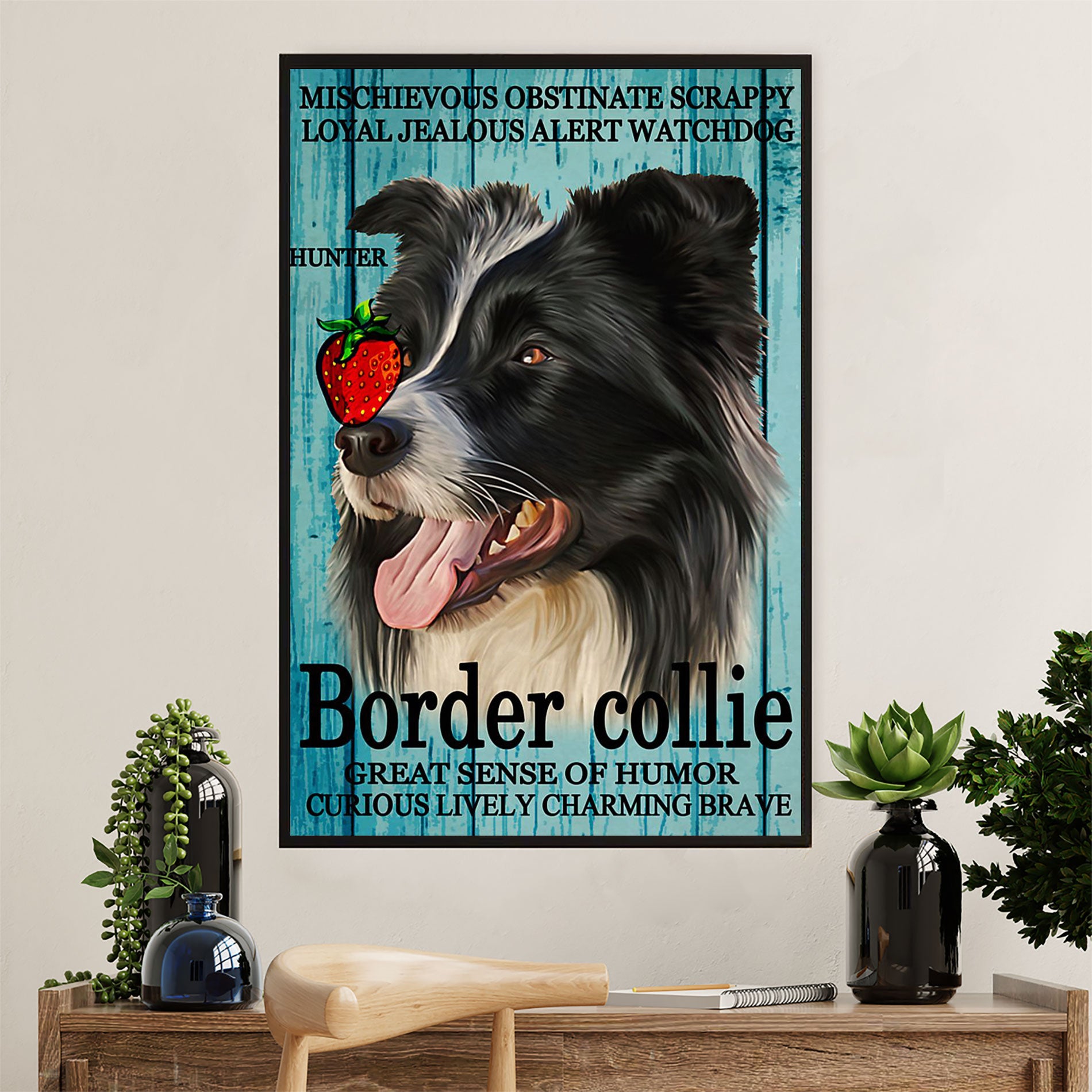 Cute Border Collie Dog Poster Prints | Mischievous Collie | Wall Art Gift for Puppies Merle Collie Lover