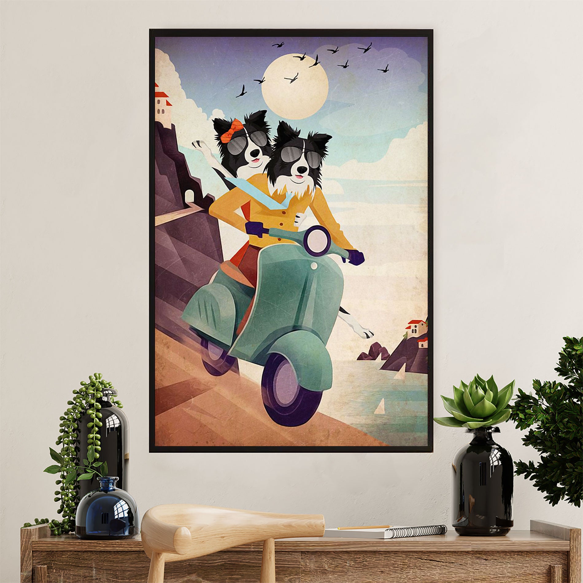 Cute Border Collie Dog Poster Prints | Funny Collie Rides | Wall Art Gift for Puppies Merle Collie Lover