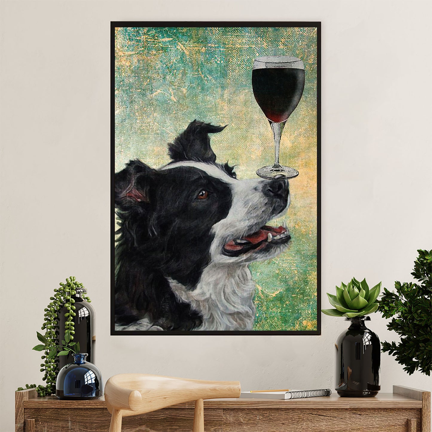 Cute Border Collie Dog Canvas Wall Art Prints | Dog & Wine |  Gift for Merle Collie Lover