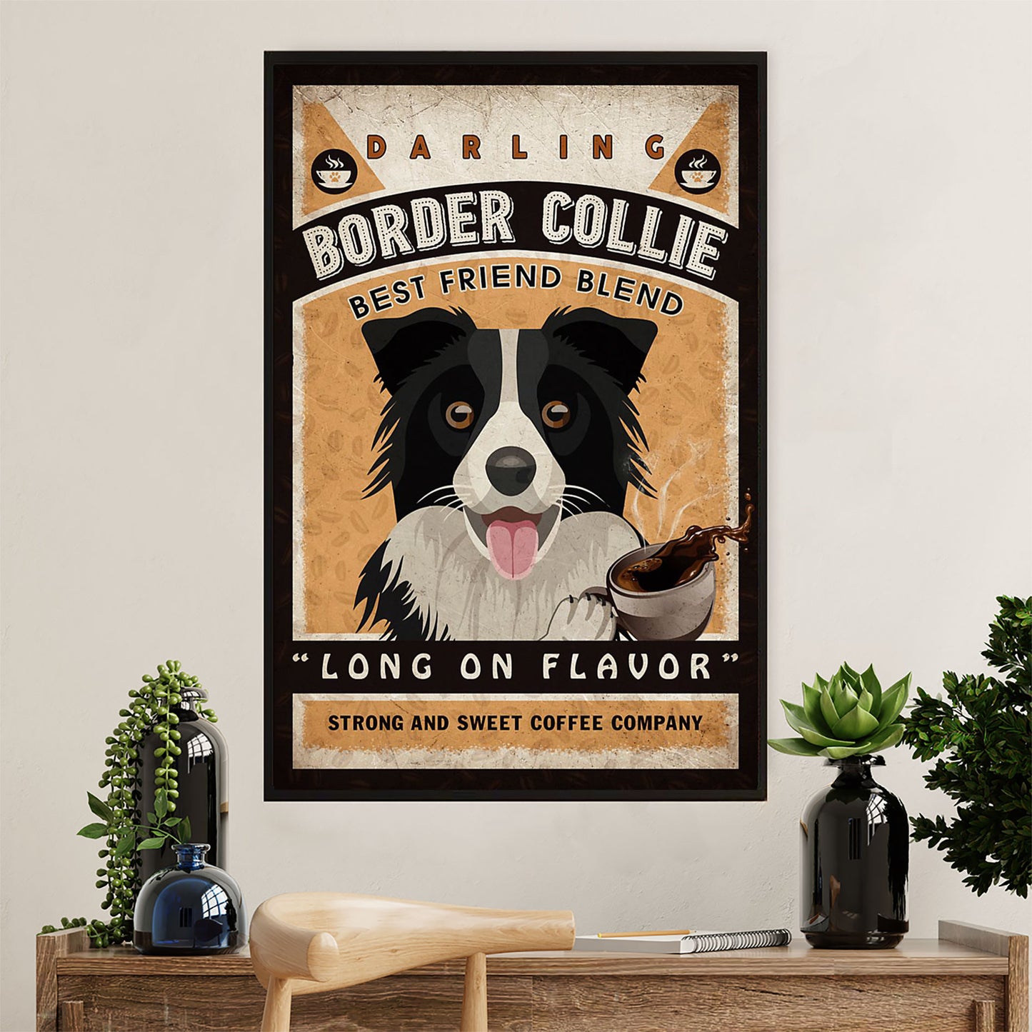 Cute Border Collie Dog Poster Prints | Sweet Coffee Company | Wall Art Gift for Puppies Merle Collie Lover