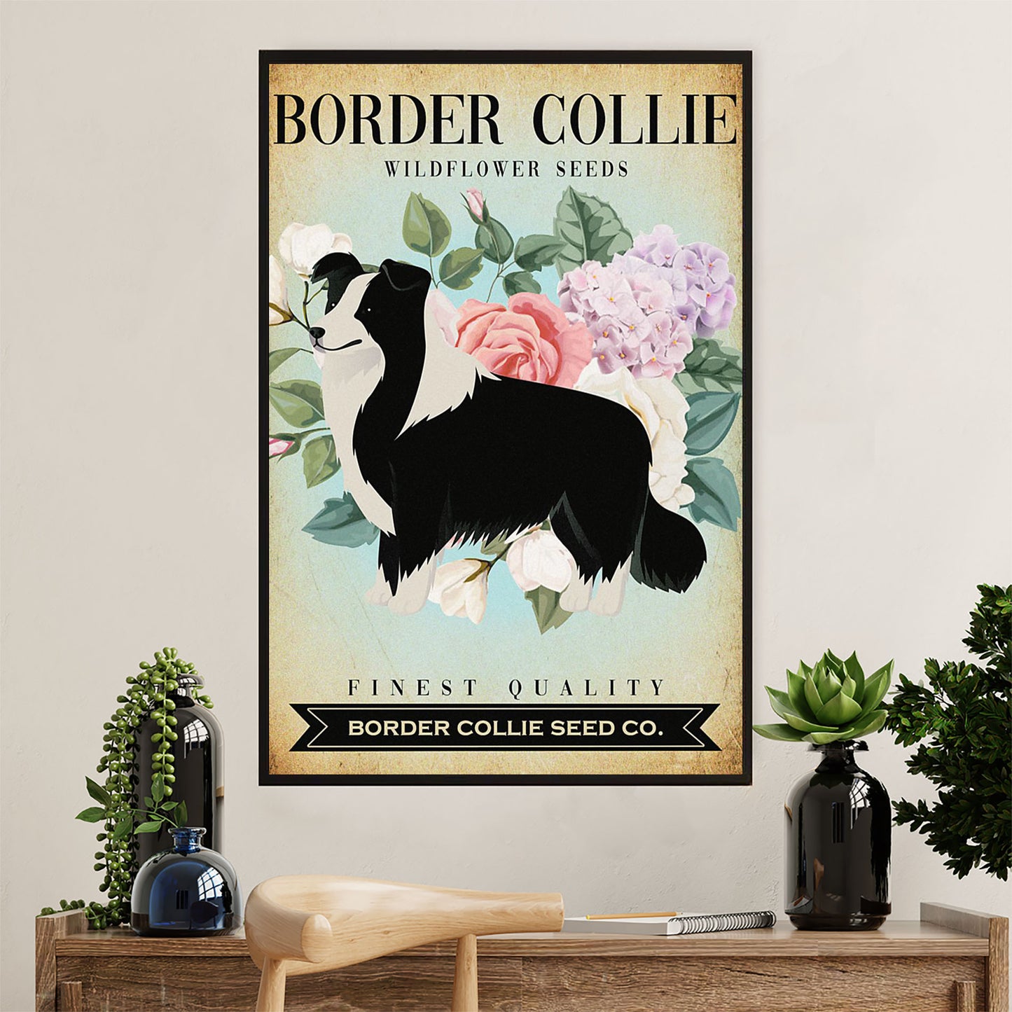 Cute Border Collie Dog Poster Prints | Wild Flower Seeds | Wall Art Gift for Puppies Merle Collie Lover