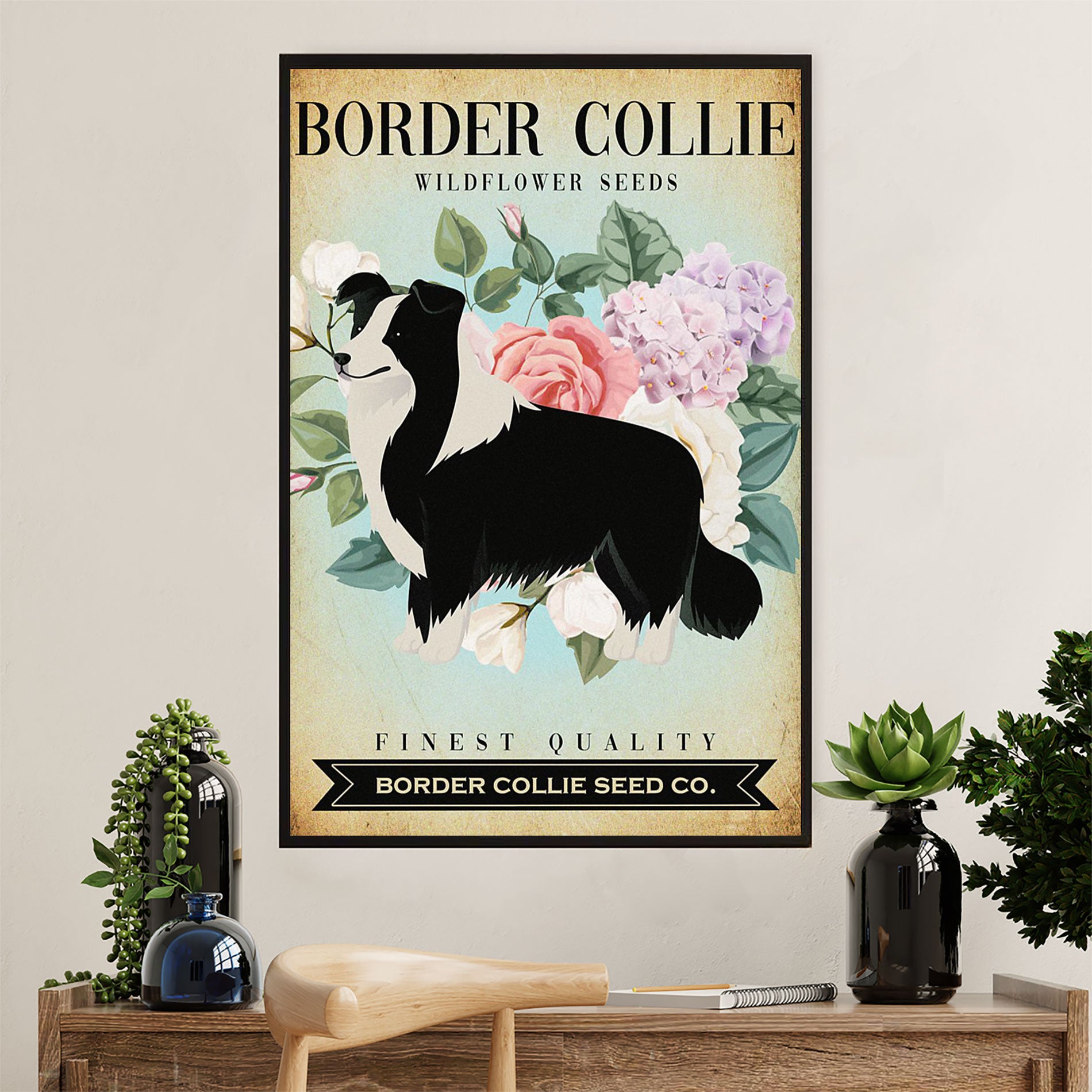 Cute Border Collie Dog Poster Prints | Wild Flower Seeds | Wall Art Gift for Puppies Merle Collie Lover
