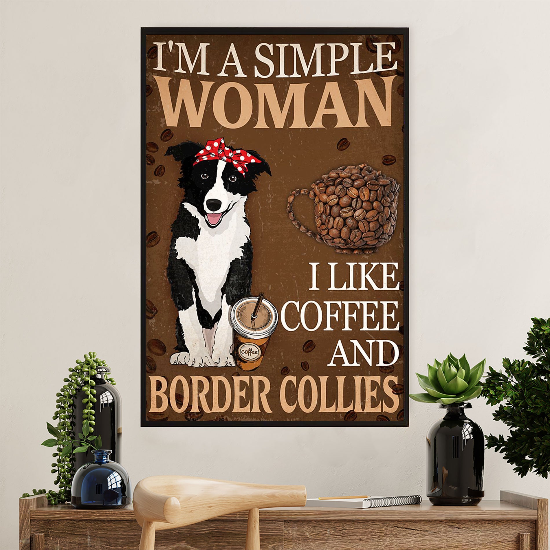 Cute Border Collie Dog Canvas Wall Art Prints | Woman Loves Coffee & Collies |  Gift for Merle Collie Lover