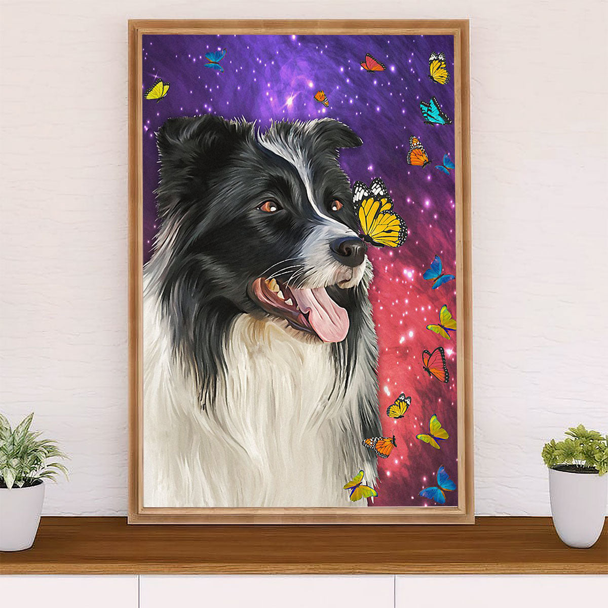 Cute Border Collie Dog Poster Prints | Dog & Butterflies Painting | Wall Art Gift for Puppies Merle Collie Lover
