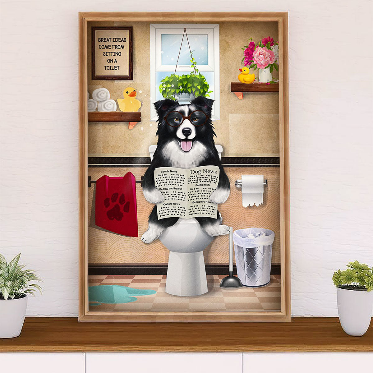 Cute Border Collie Dog Canvas Wall Art Prints | Funny Dog in Toilet |  Gift for Merle Collie Lover