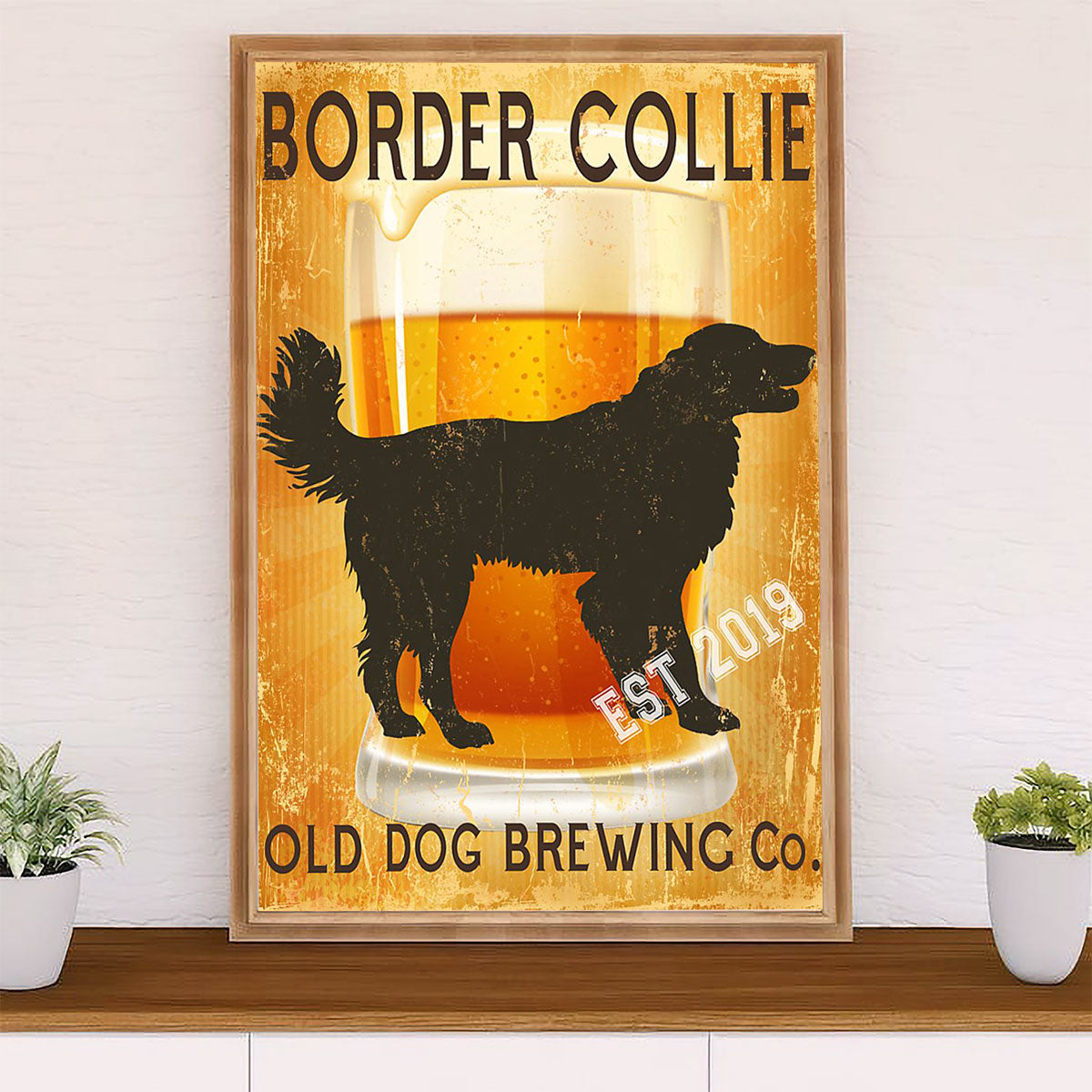 Cute Border Collie Dog Canvas Wall Art Prints | Old Dog Brewing Beer |  Gift for Merle Collie Lover