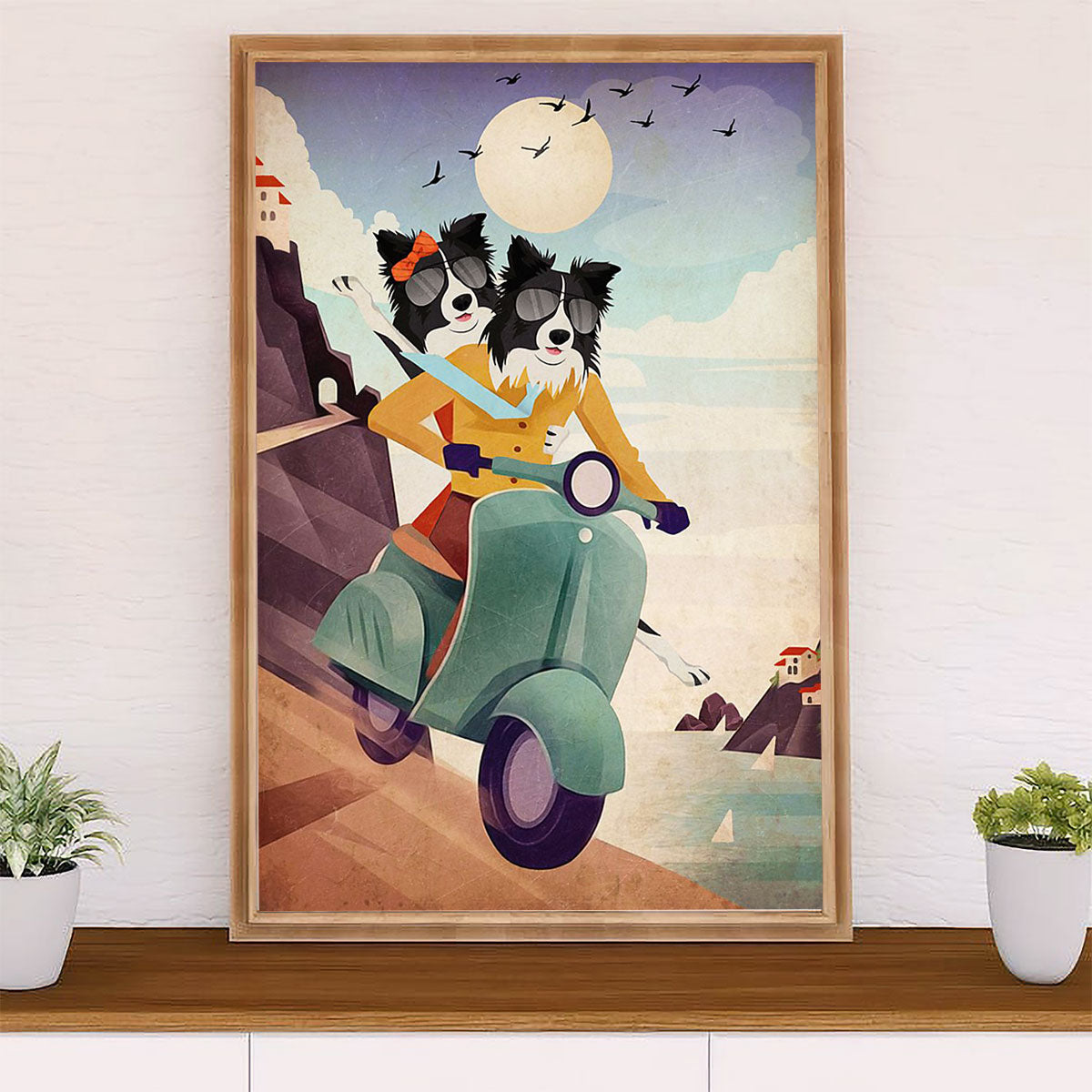 Cute Border Collie Dog Canvas Wall Art Prints | Funny Collie Rides |  Gift for Merle Collie Lover