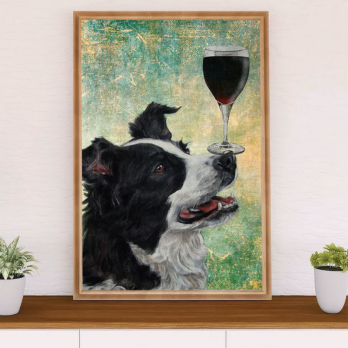 Cute Border Collie Dog Poster Prints | Dog & Wine | Wall Art Gift for Puppies Merle Collie Lover