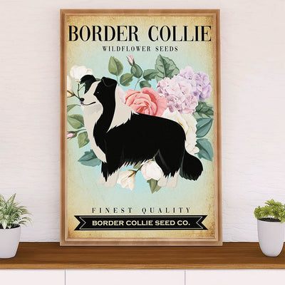 Cute Border Collie Dog Poster Prints | Wild Flower Seeds | Wall Art Gift for Puppies Merle Collie Lover