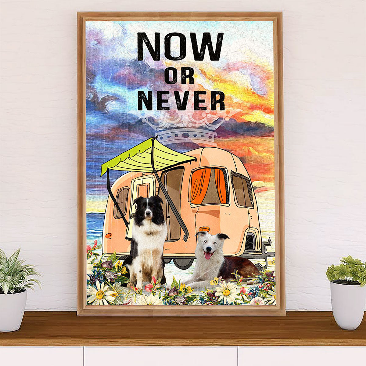 Cute Border Collie Dog Poster Prints | Camping Now Or Never | Wall Art Gift for Puppies Merle Collie Lover