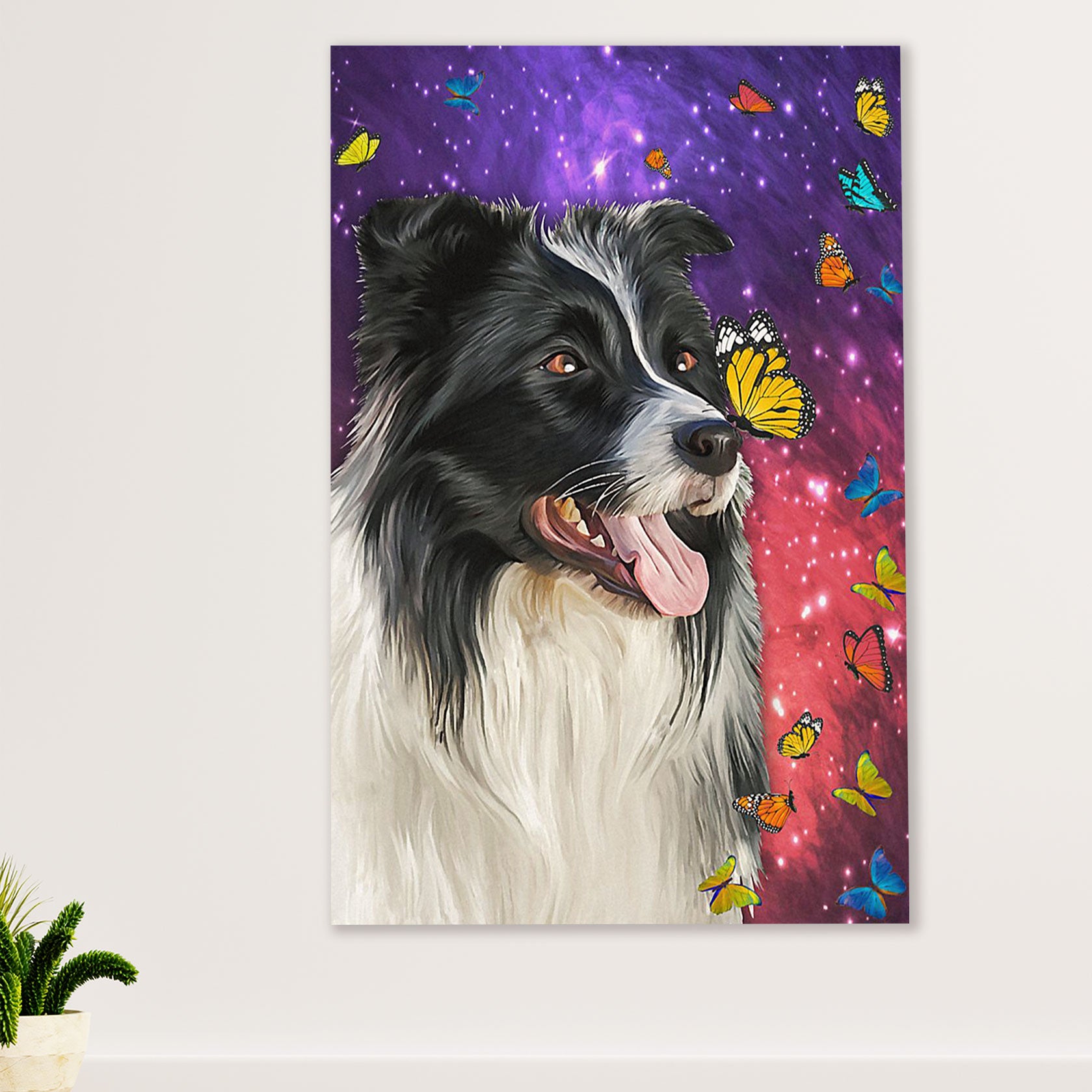 Cute Border Collie Dog Poster Prints | Dog & Butterflies Painting | Wall Art Gift for Puppies Merle Collie Lover