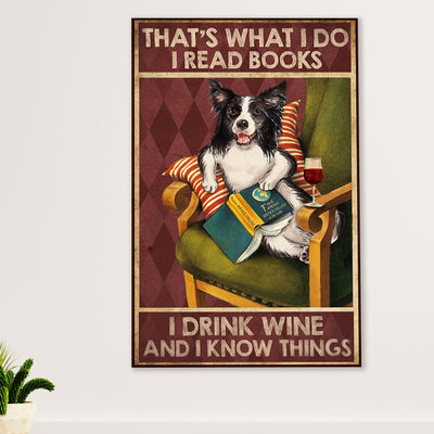 Cute Border Collie Dog Canvas Wall Art Prints | Read Books, Drink Wine & Know Things |  Gift for Merle Collie Lover